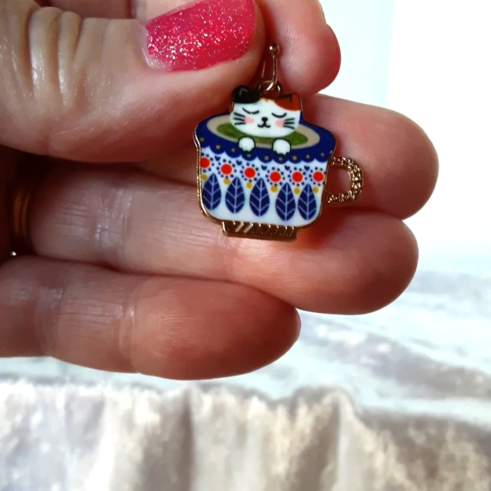 Handcrafted Cat In Tea Cup Pierced Dangle Earrings Blue - Picture 2 of 3